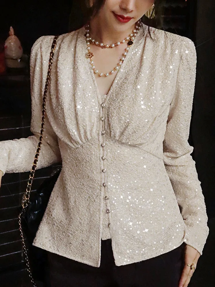 Solid Patchwork Sequins Elegant Temperament Tops For Women V Neck Long Sleeve Spliced Single Breasted Top Female
