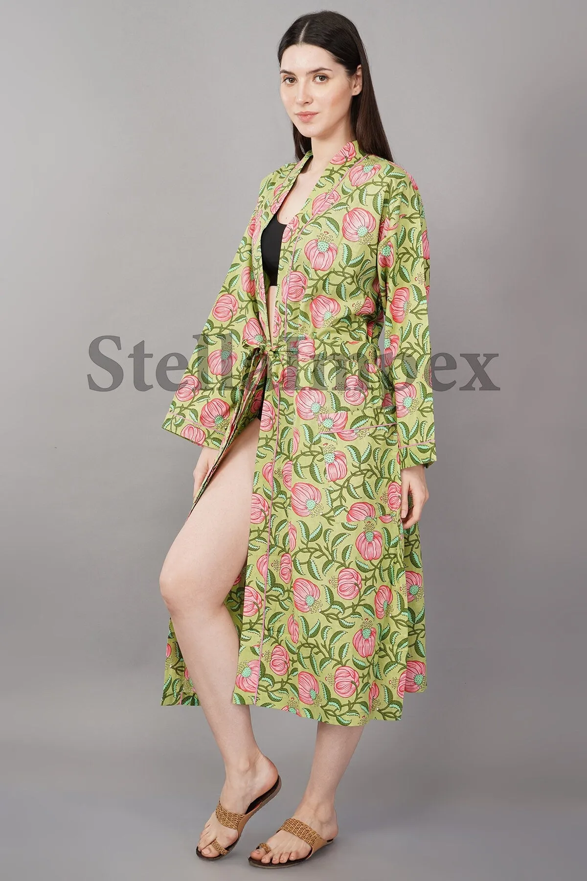 Trendy Cotton Kimono Elegant Green & Pink Floral Bathrobe Resort Wear Beach Bikini Cover-ups Boho Kimono Bathrobe, Gift for Her
