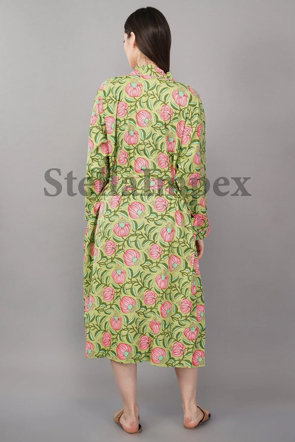 Trendy Cotton Kimono Elegant Green & Pink Floral Bathrobe Resort Wear Beach Bikini Cover-ups Boho Kimono Bathrobe, Gift for Her