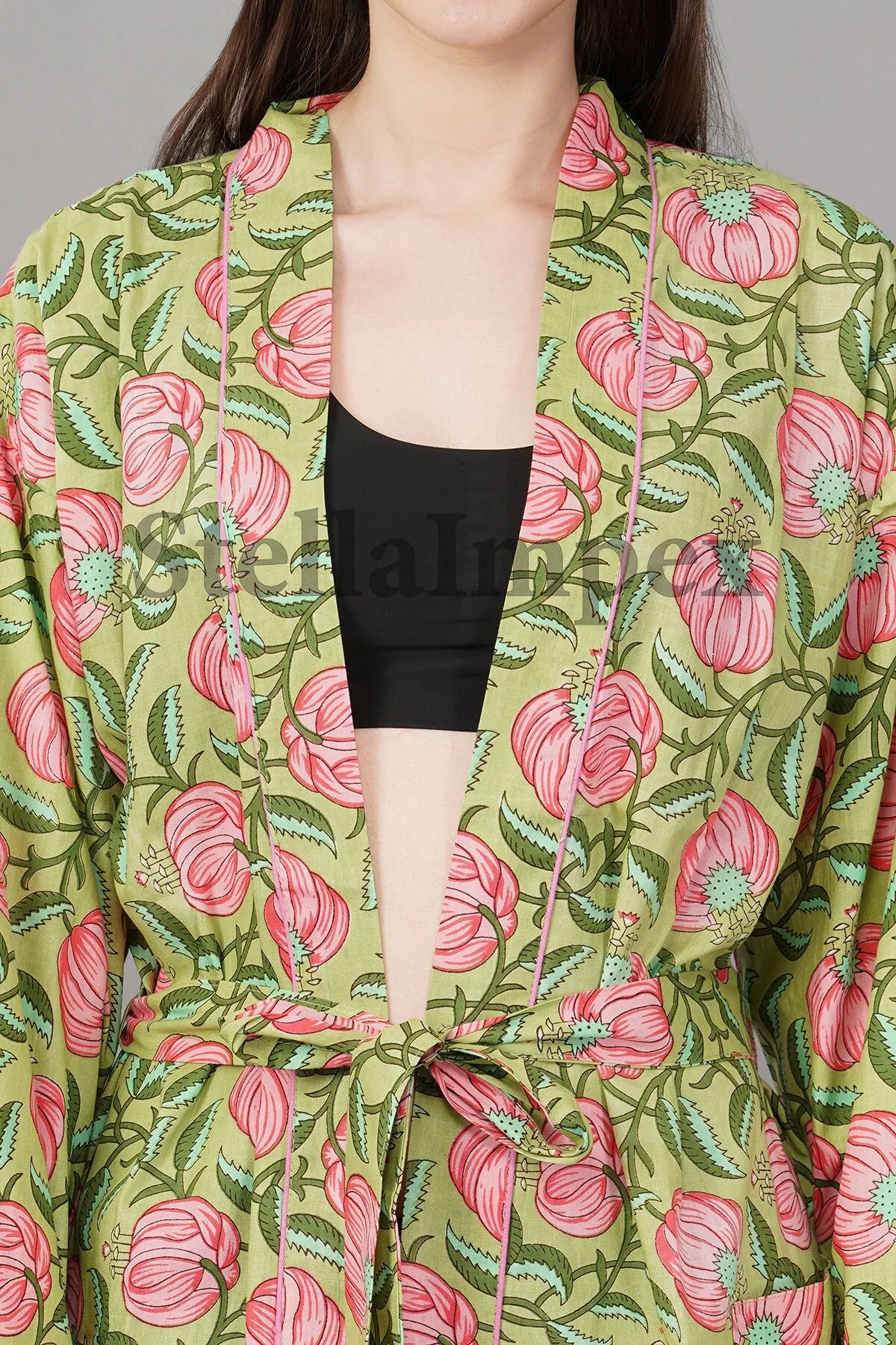 Trendy Cotton Kimono Elegant Green & Pink Floral Bathrobe Resort Wear Beach Bikini Cover-ups Boho Kimono Bathrobe, Gift for Her