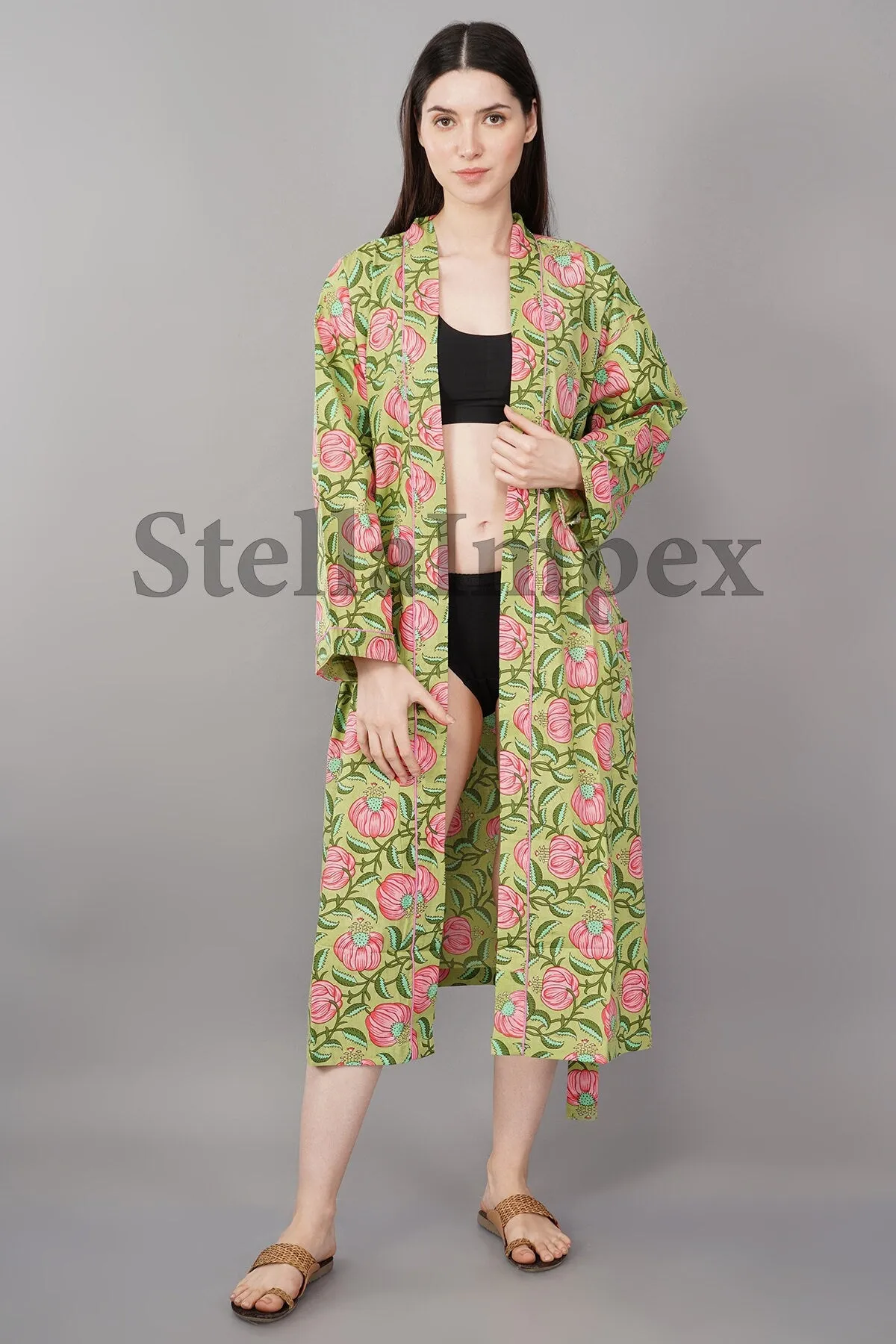 Trendy Cotton Kimono Elegant Green & Pink Floral Bathrobe Resort Wear Beach Bikini Cover-ups Boho Kimono Bathrobe, Gift for Her