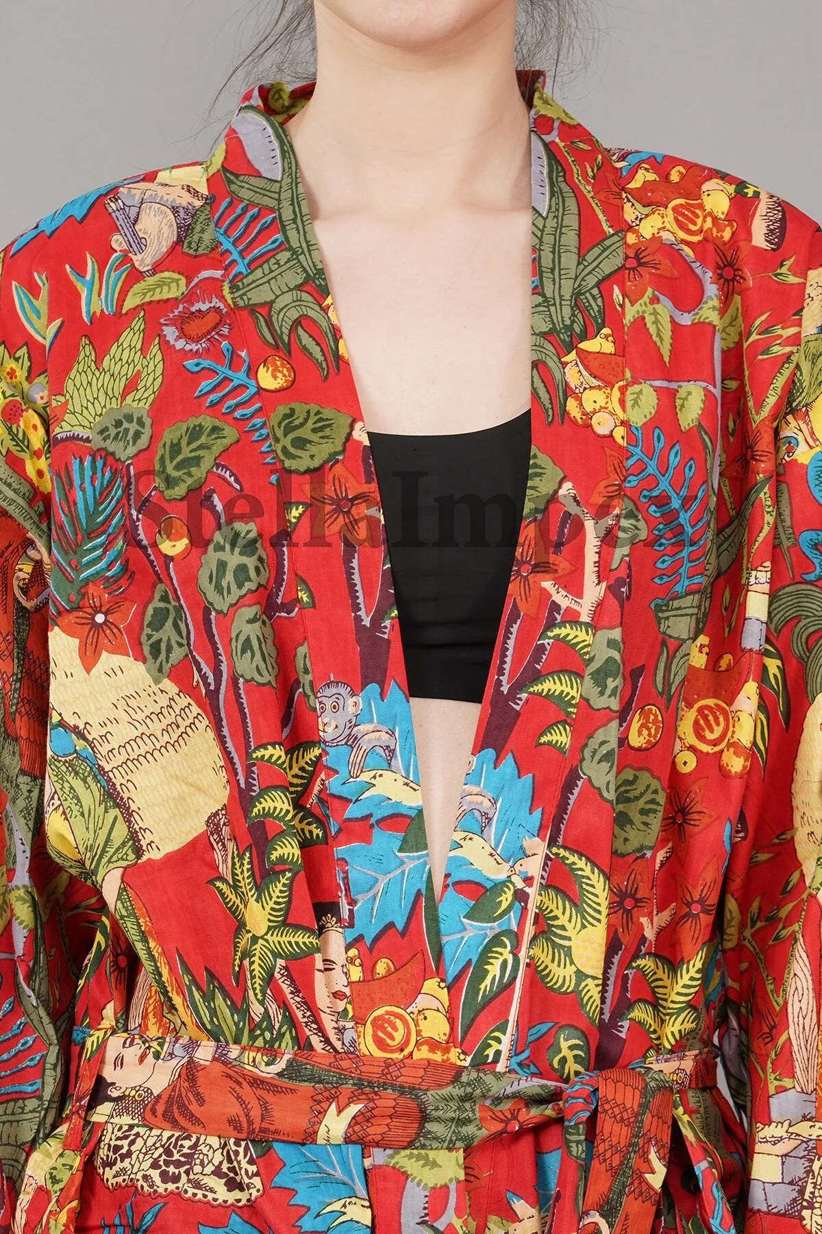 Trendy Cotton Kimono Elegant Red Frida Kahlo Print Bathrobe Resort Wear Beach Bikini Cover-ups Boho Kimono Bathrobe, Gift for Her