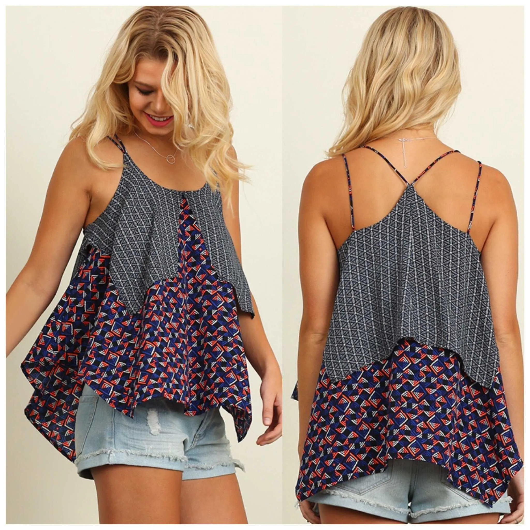 Umgee Geometric Print Handkerchief Tank Top