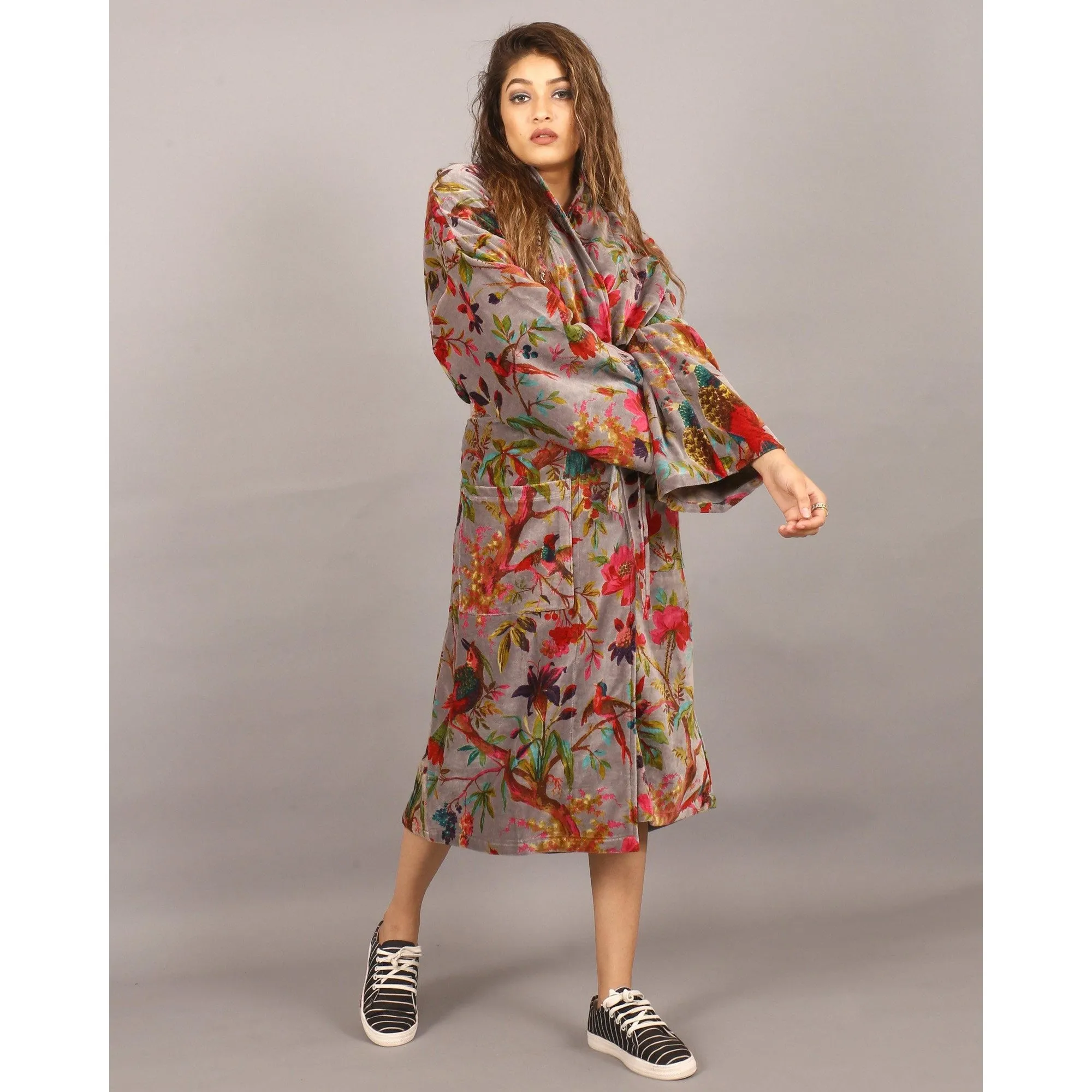 Velvet Kimono/ Jacket-Birds of Paradise-Grey