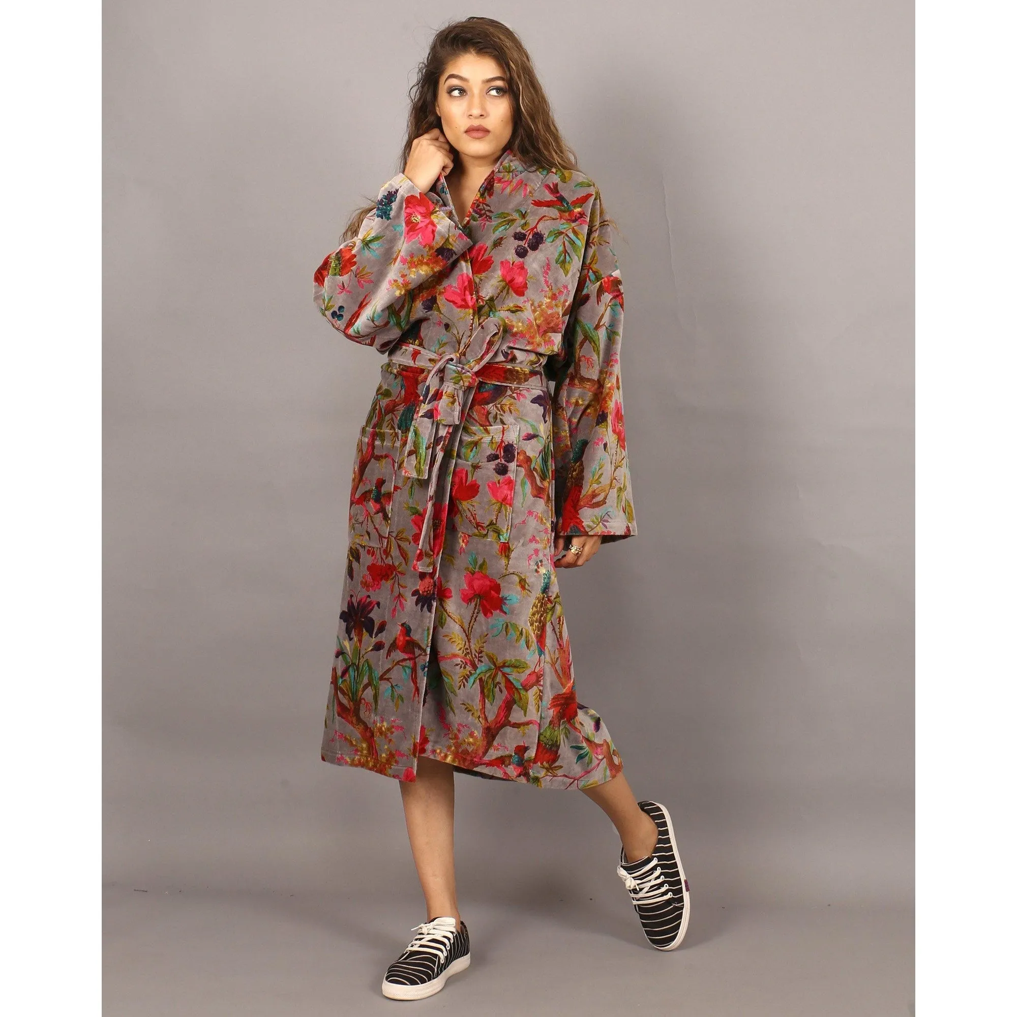 Velvet Kimono/ Jacket-Birds of Paradise-Grey