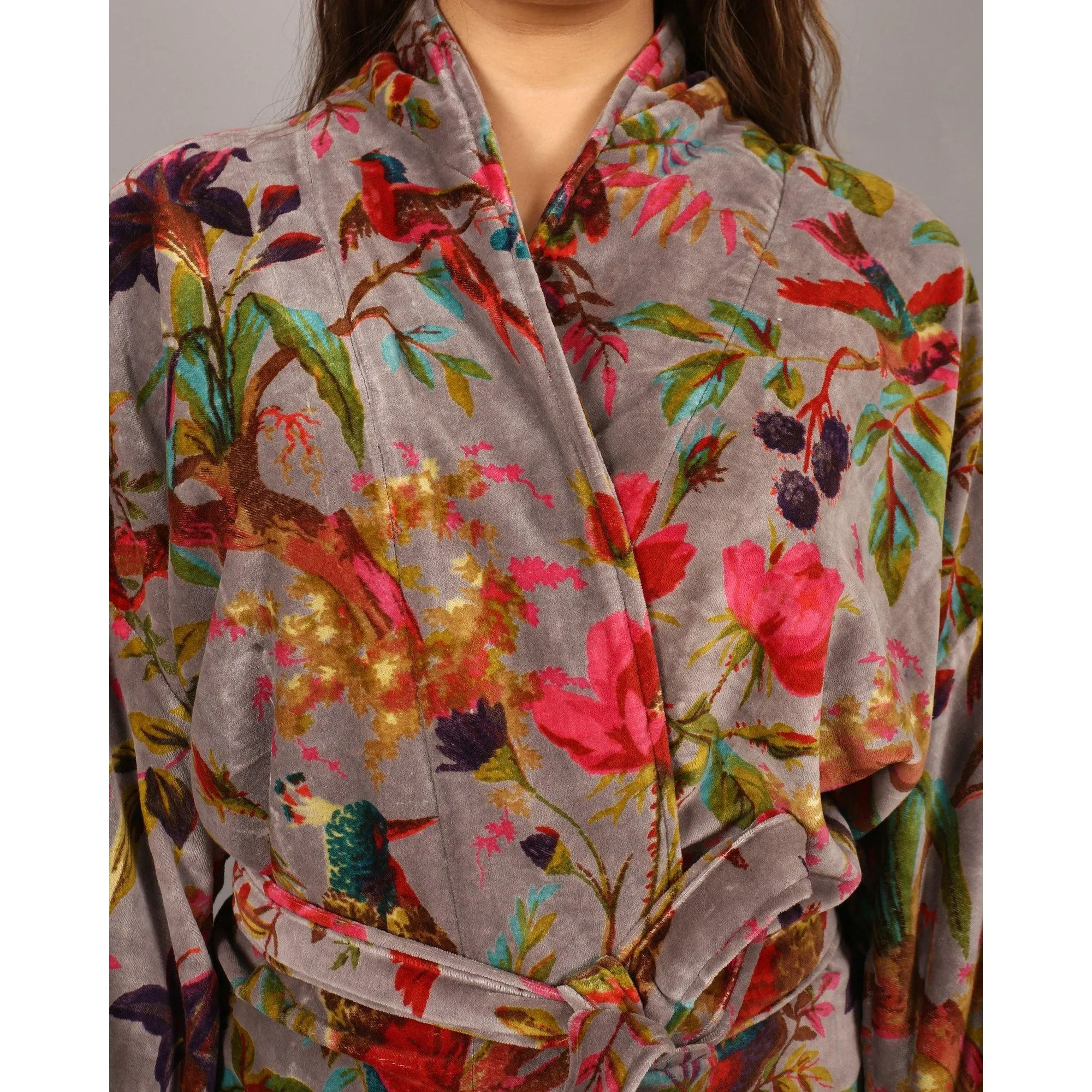 Velvet Kimono/ Jacket-Birds of Paradise-Grey