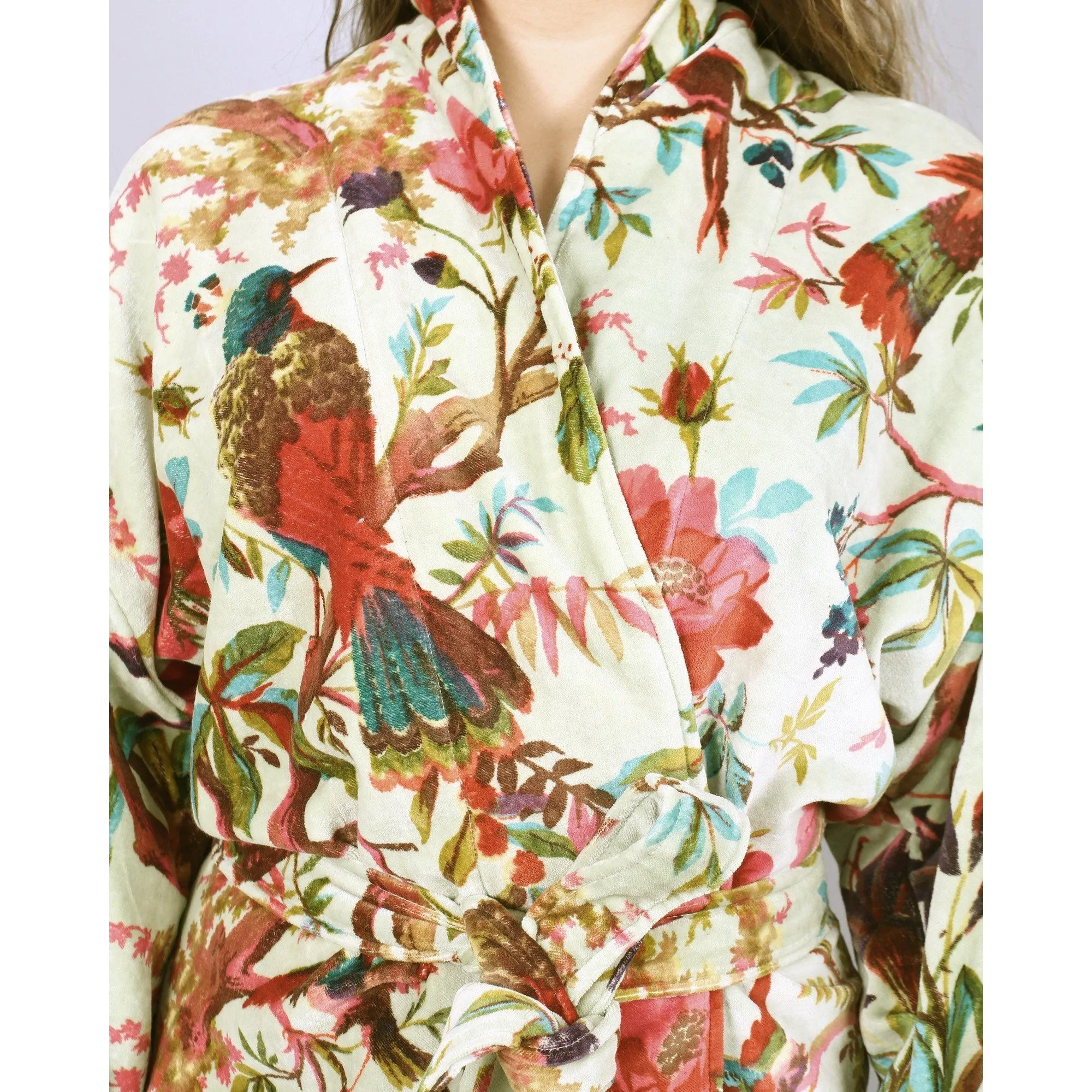 Velvet Kimono/ Jacket-Birds of Paradise-Light Green