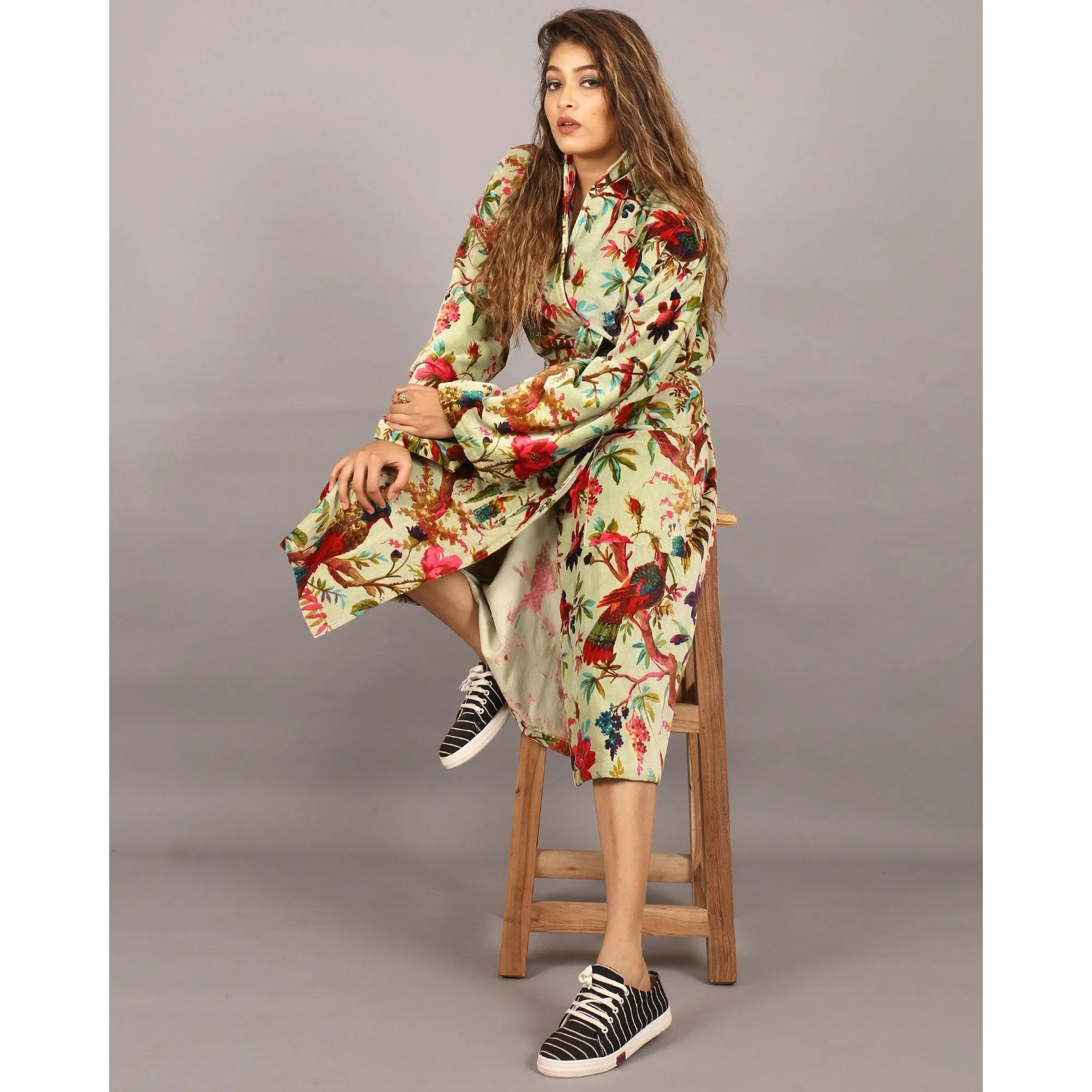 Velvet Kimono/ Jacket-Birds of Paradise-Light Green