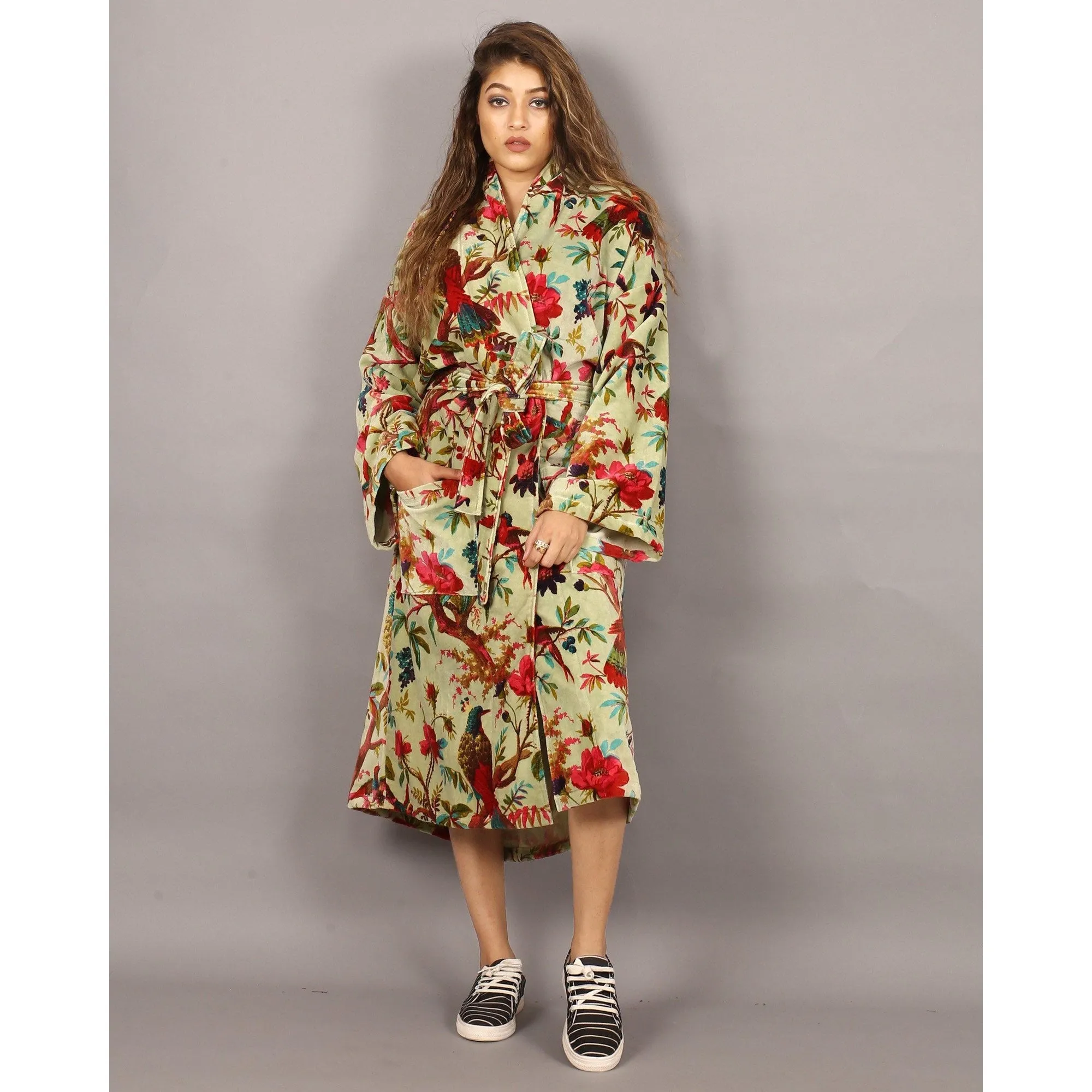 Velvet Kimono/ Jacket-Birds of Paradise-Light Green
