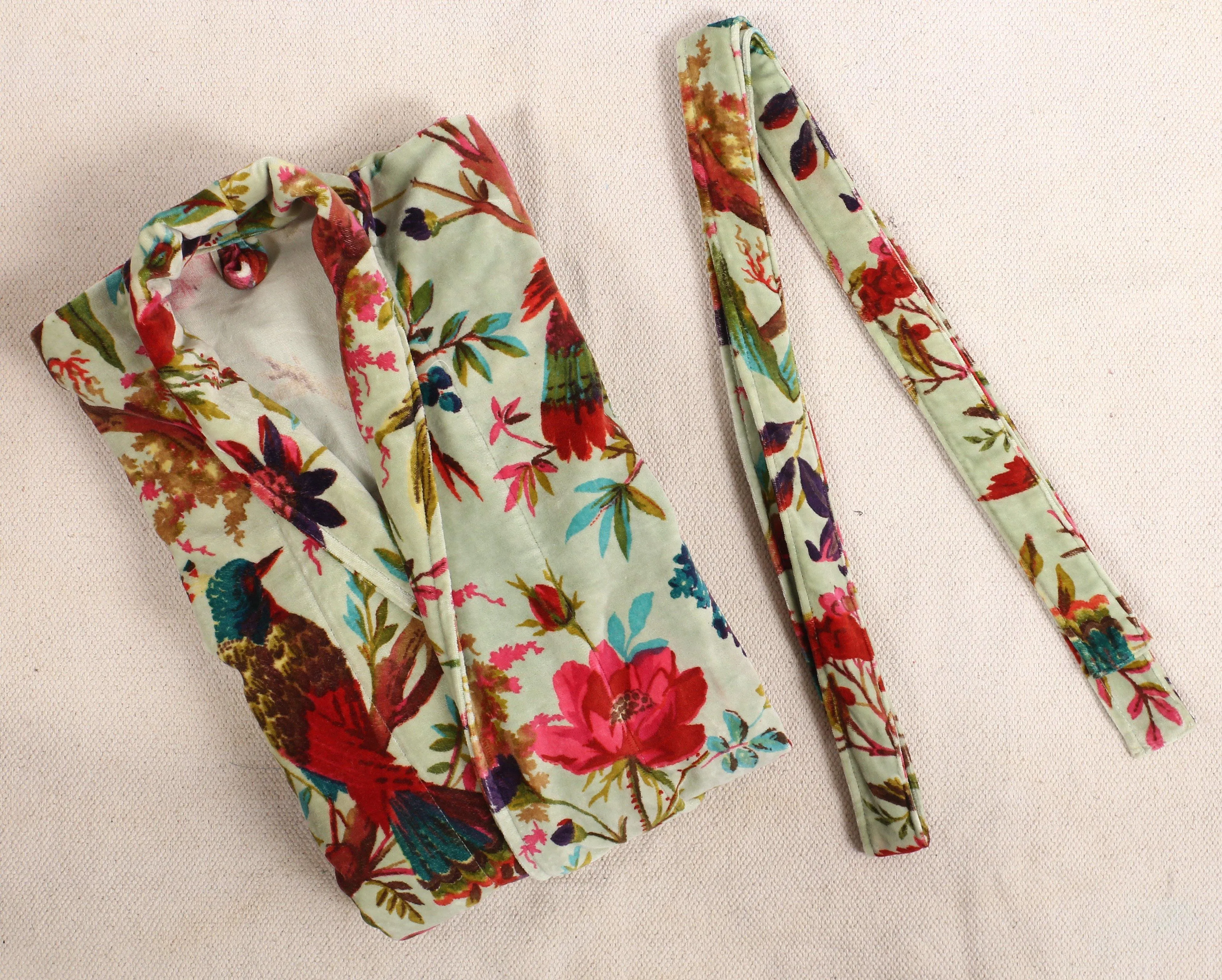 Velvet Kimono/ Jacket-Birds of Paradise-Light Green
