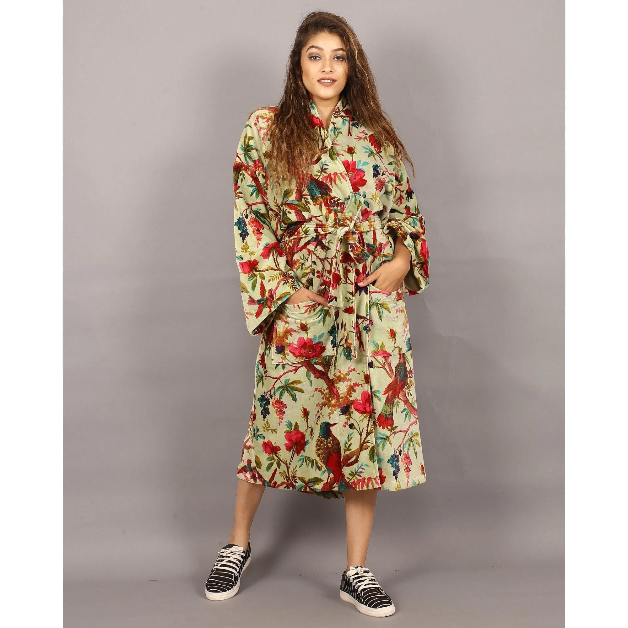 Velvet Kimono/ Jacket-Birds of Paradise-Light Green