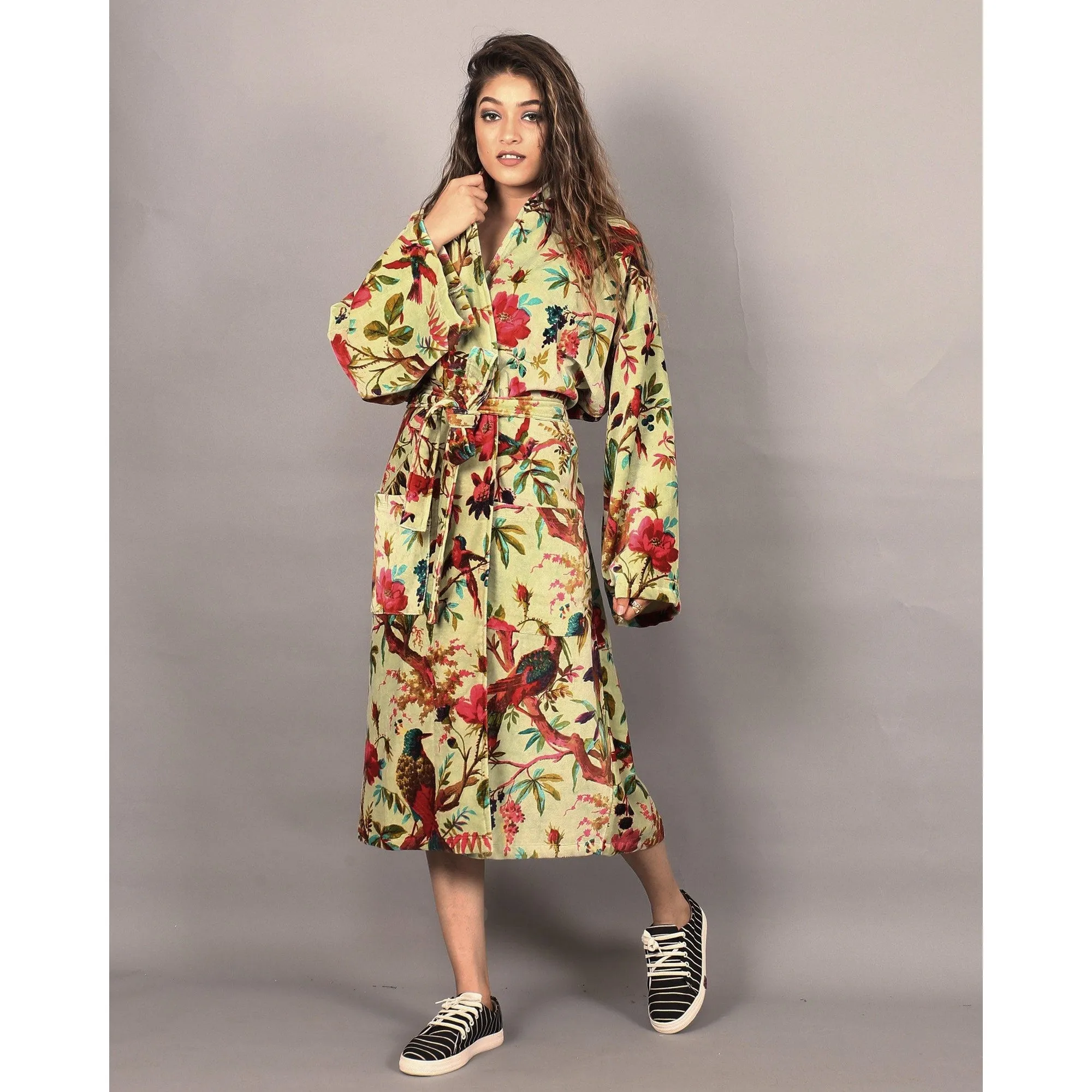 Velvet Kimono/ Jacket-Birds of Paradise-Light Green