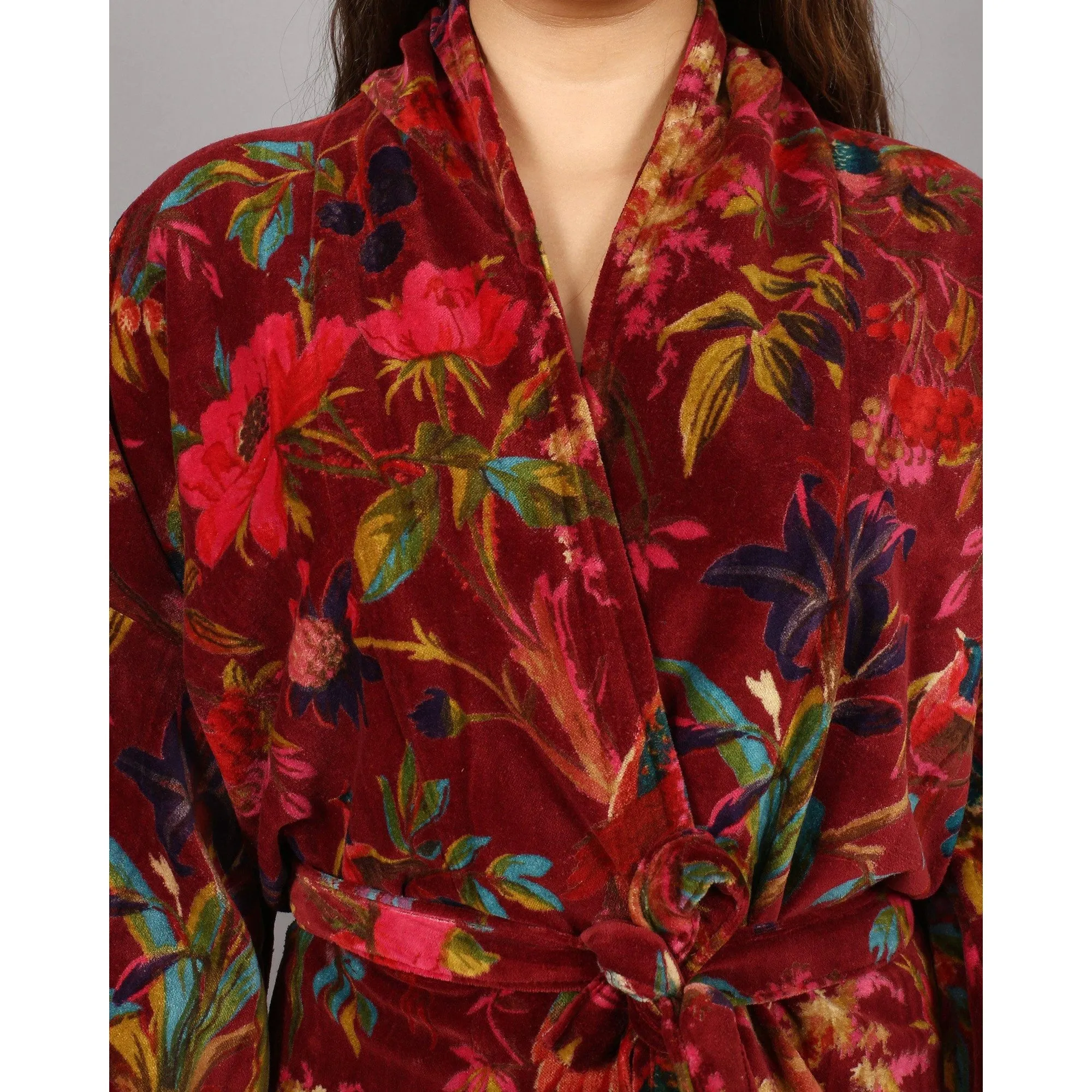 Velvet Kimono/ Jacket-Birds of Paradise-Maroon