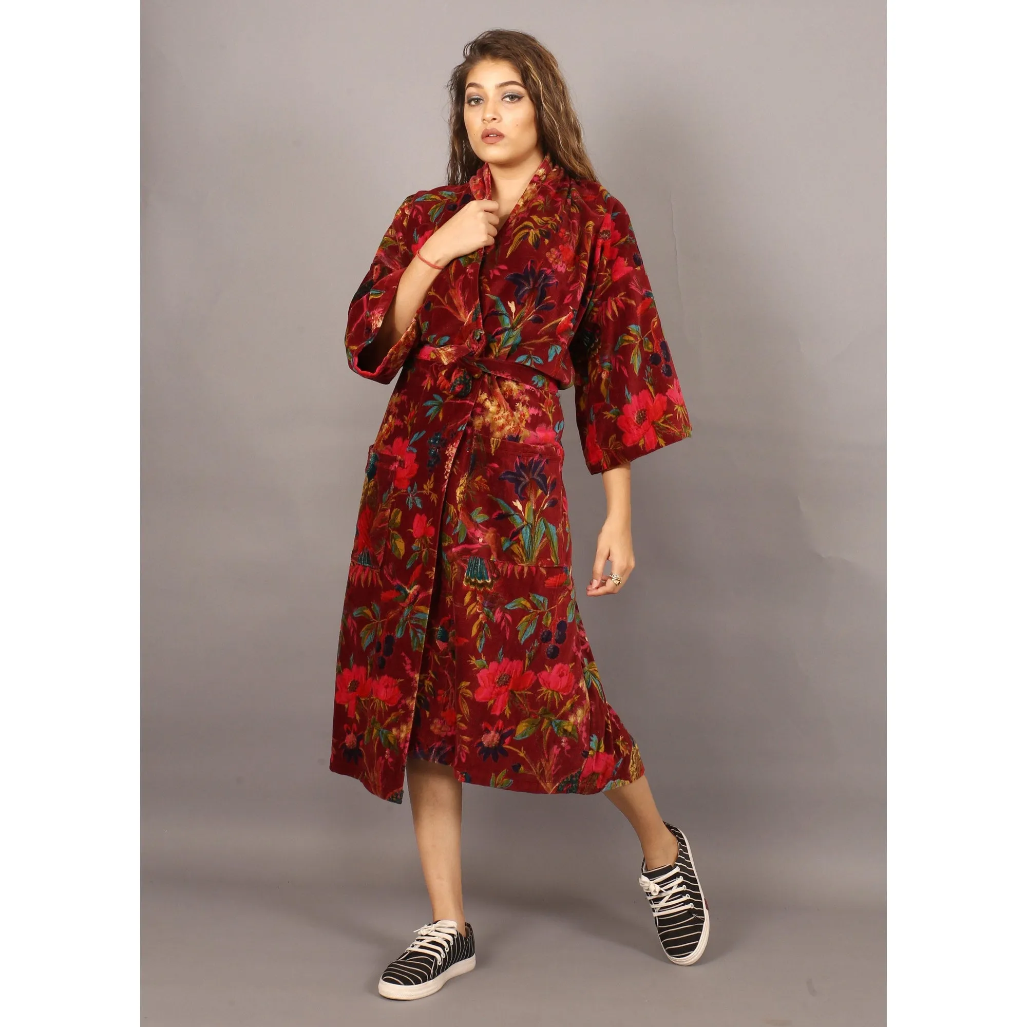 Velvet Kimono/ Jacket-Birds of Paradise-Maroon