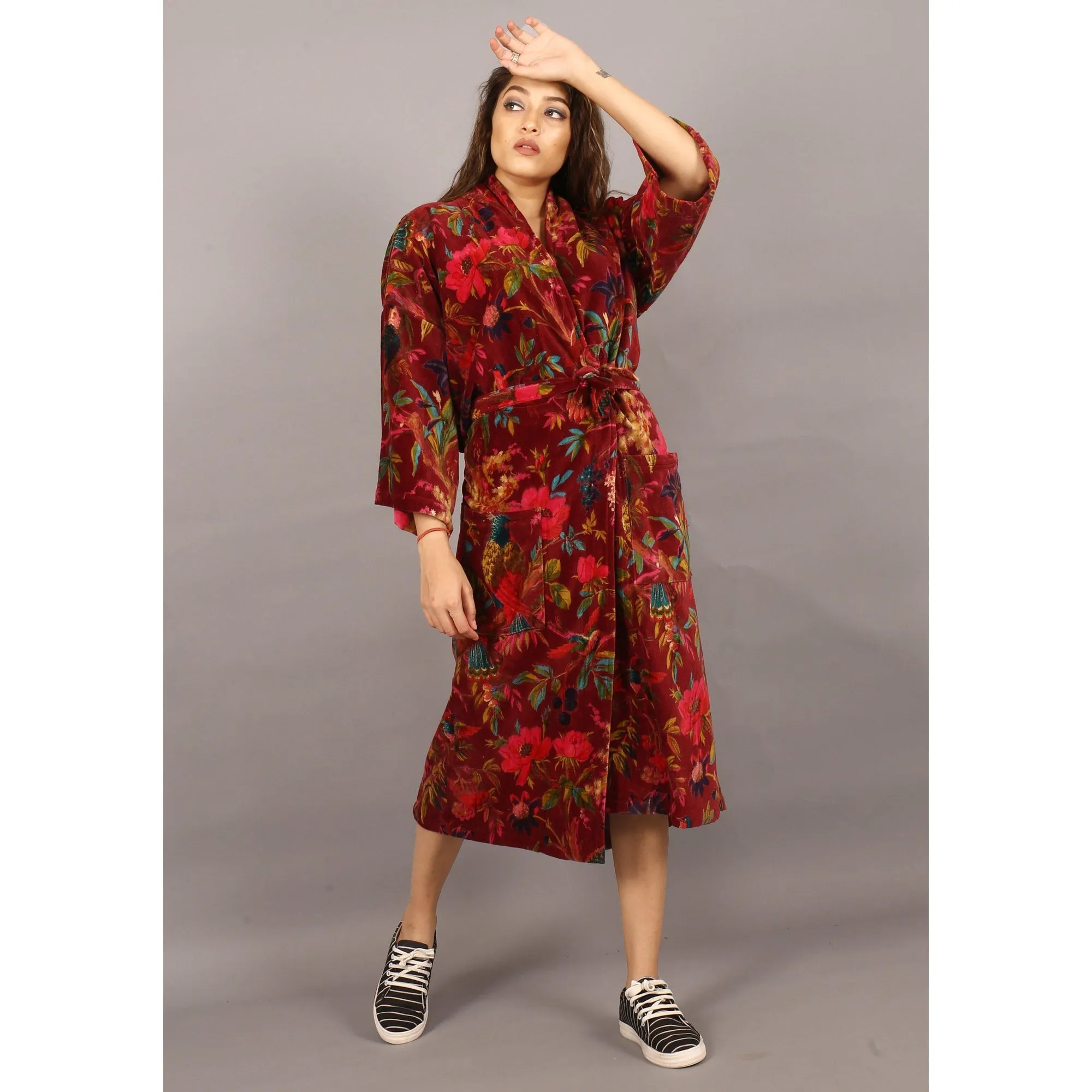 Velvet Kimono/ Jacket-Birds of Paradise-Maroon