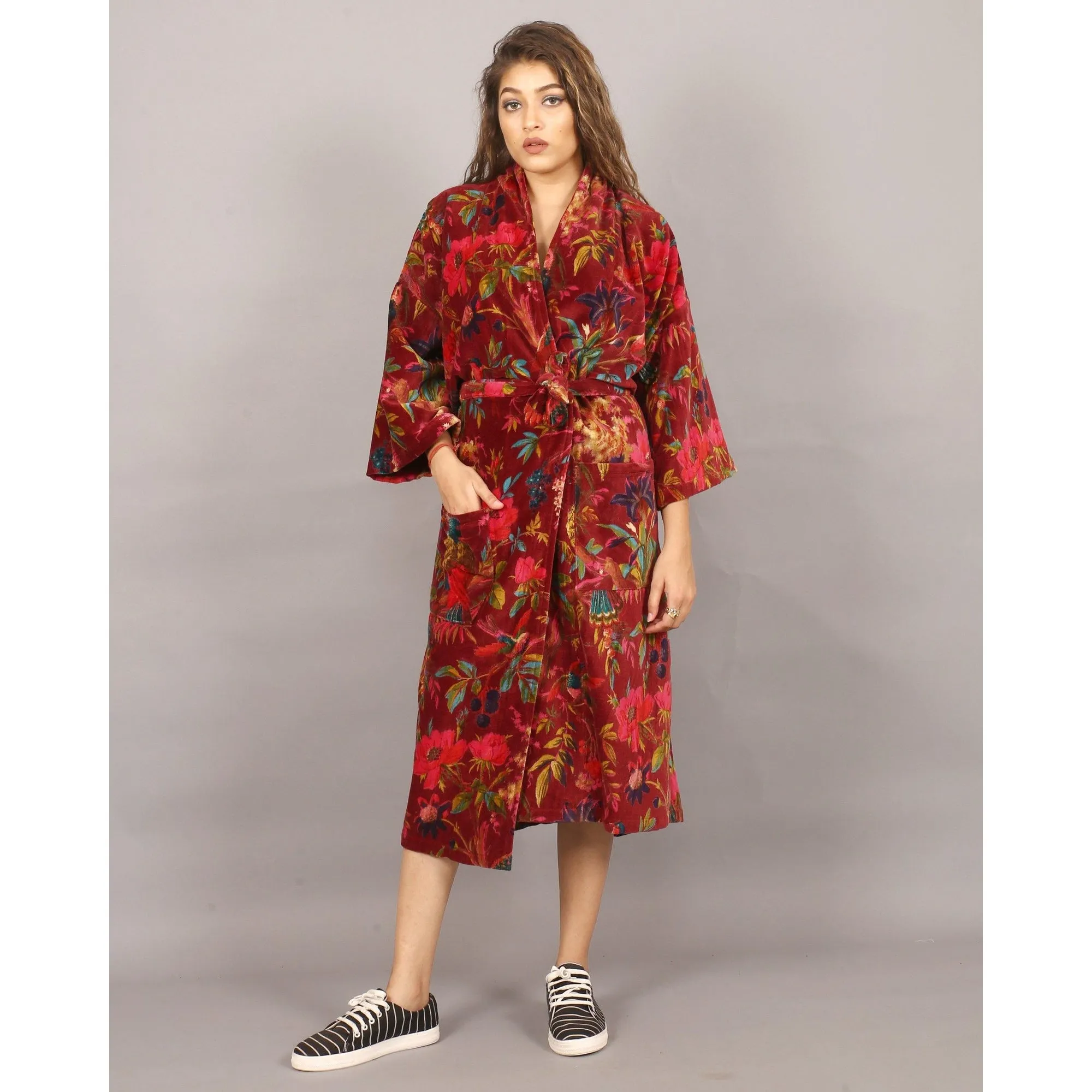 Velvet Kimono/ Jacket-Birds of Paradise-Maroon