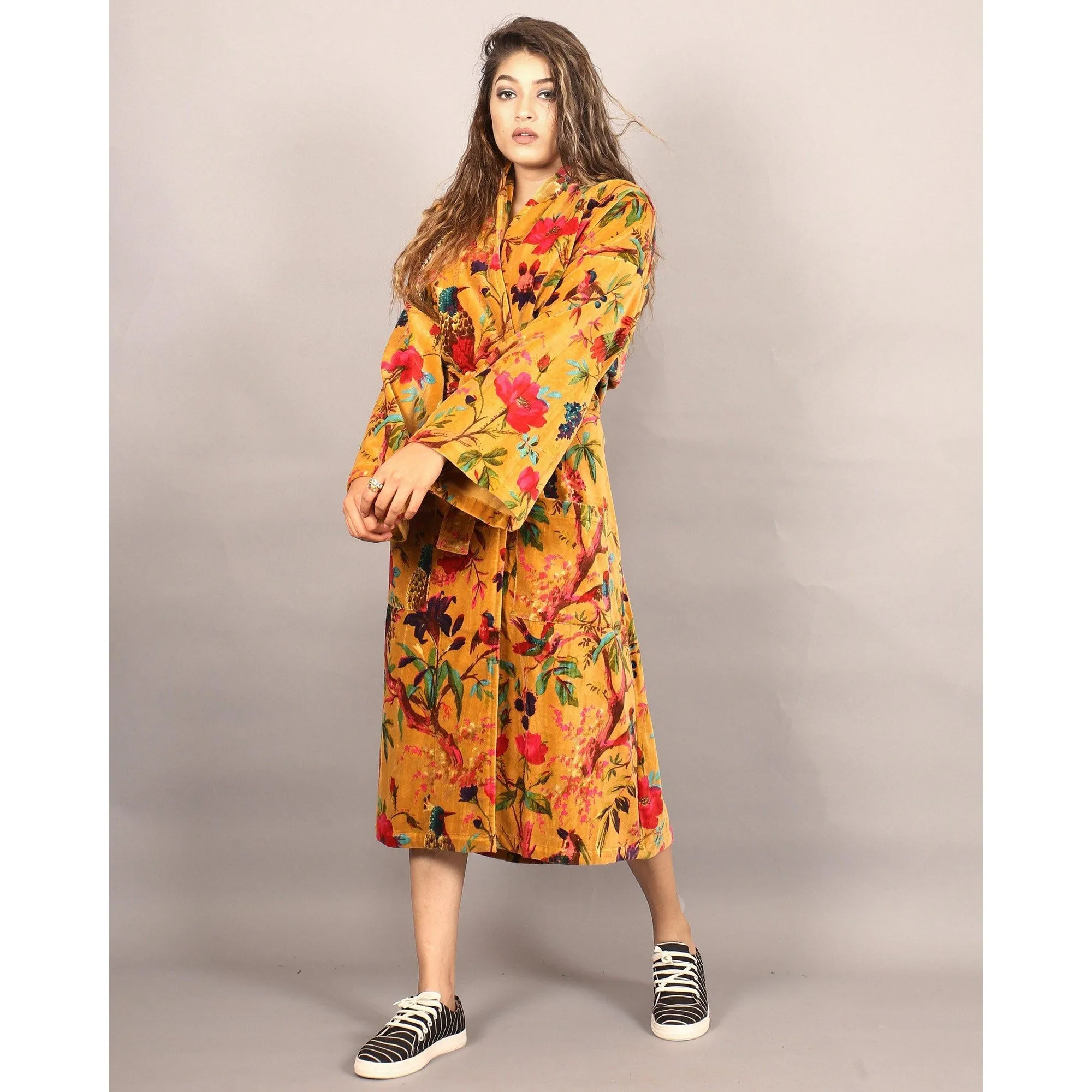 Velvet Kimono/ Jacket-Birds of Paradise-Mustard