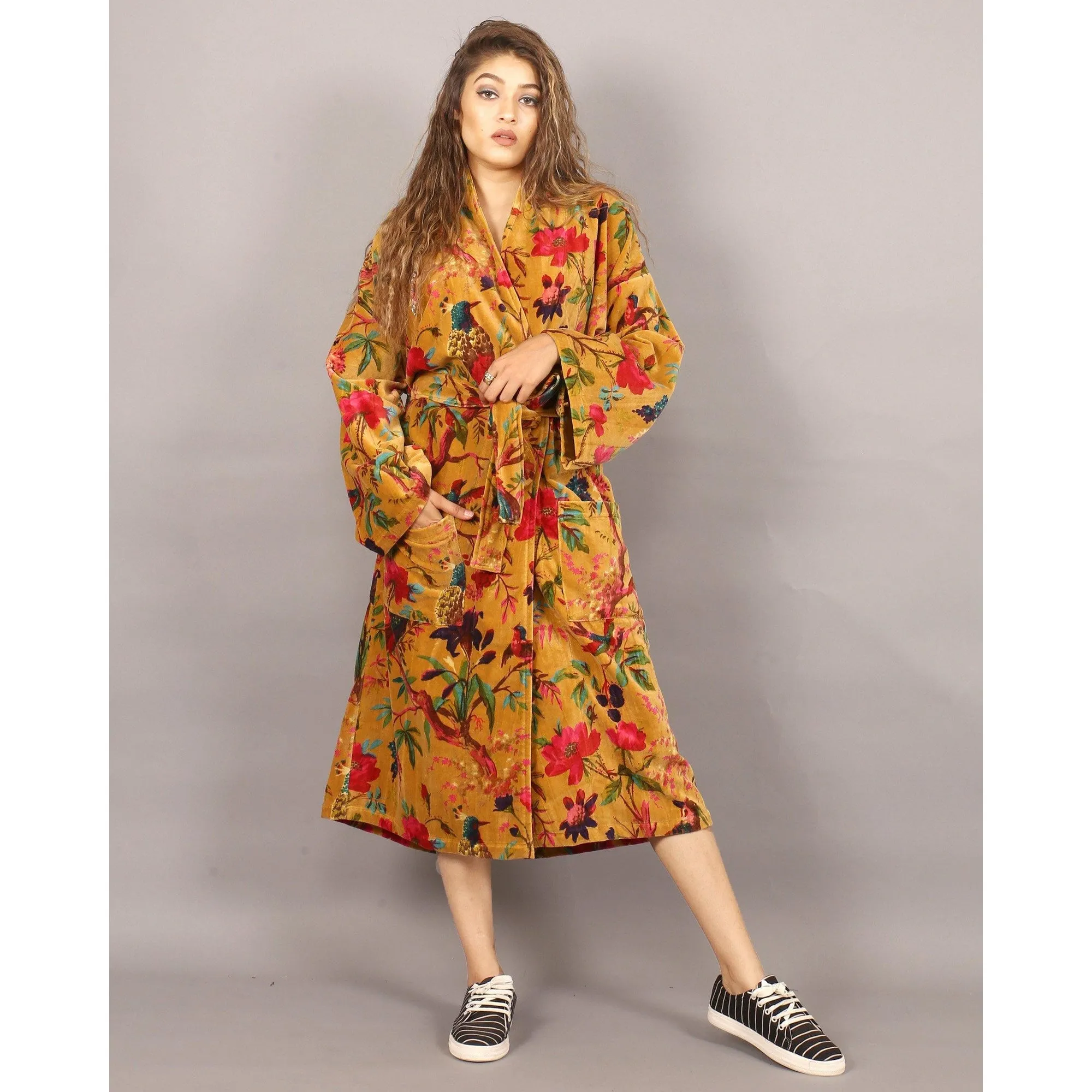 Velvet Kimono/ Jacket-Birds of Paradise-Mustard