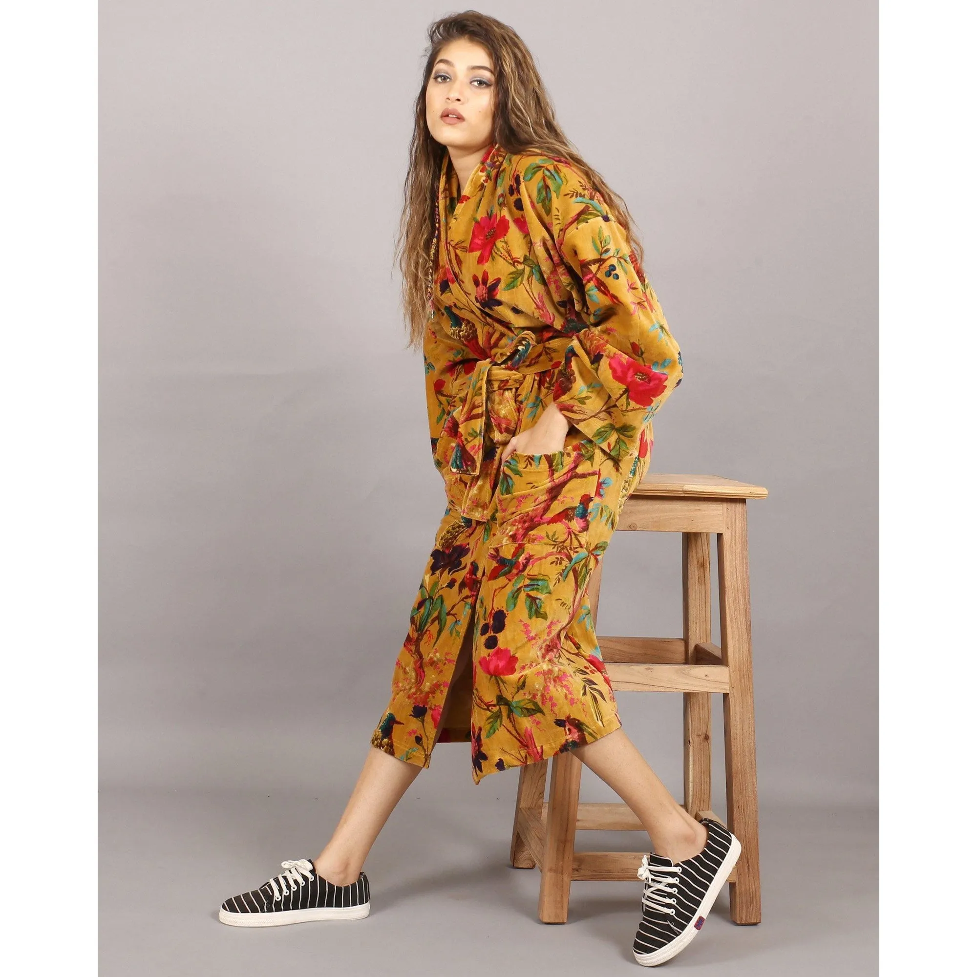 Velvet Kimono/ Jacket-Birds of Paradise-Mustard