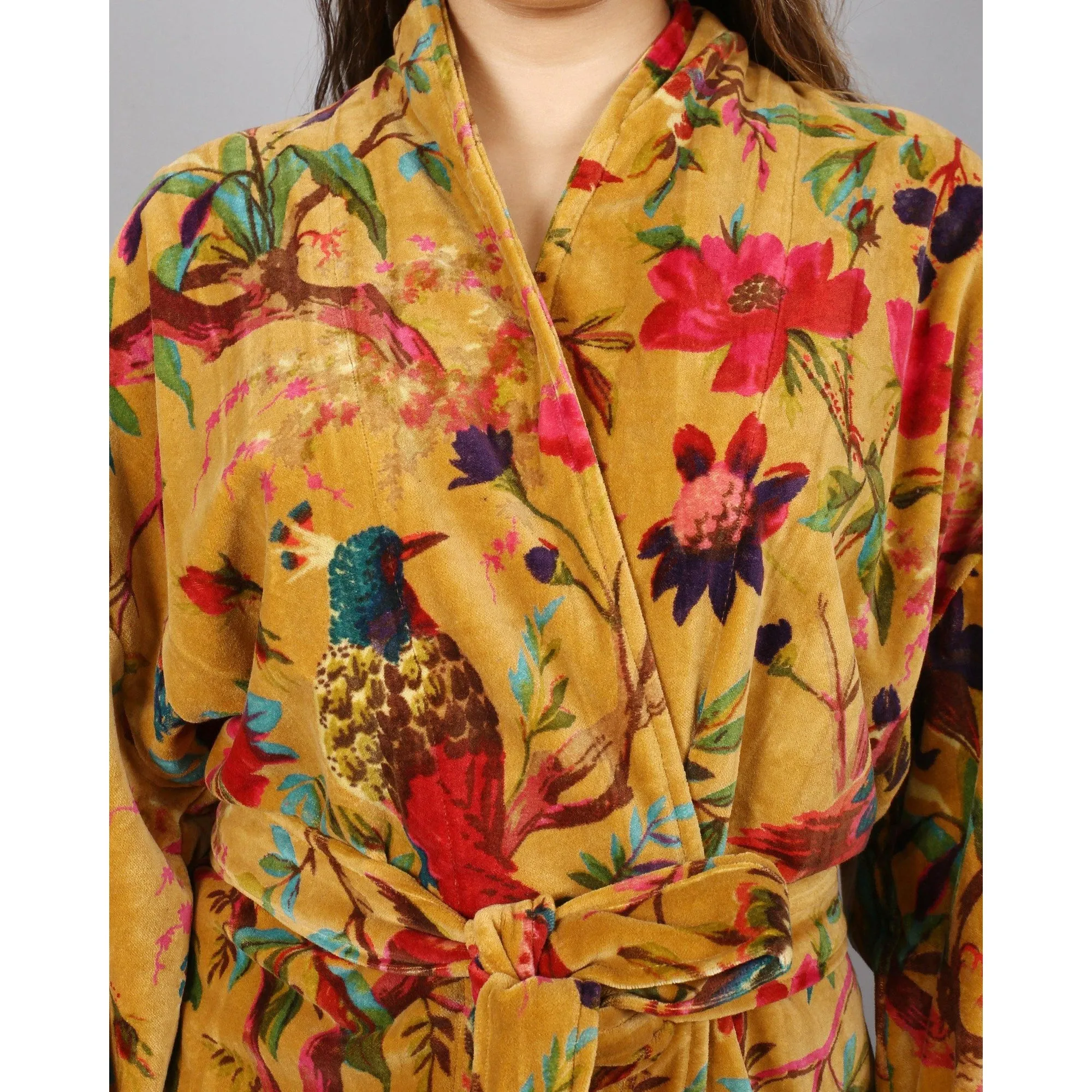 Velvet Kimono/ Jacket-Birds of Paradise-Mustard