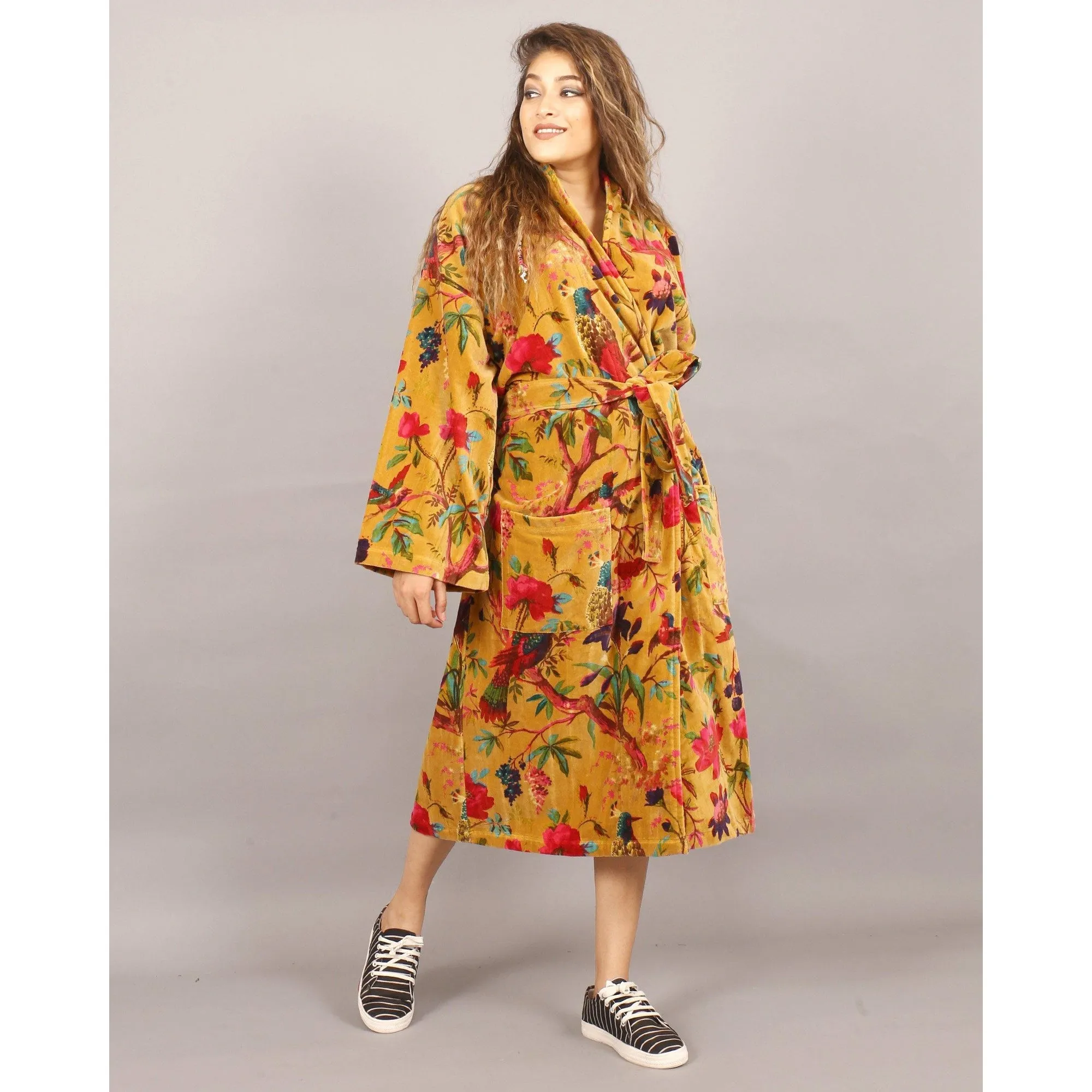 Velvet Kimono/ Jacket-Birds of Paradise-Mustard