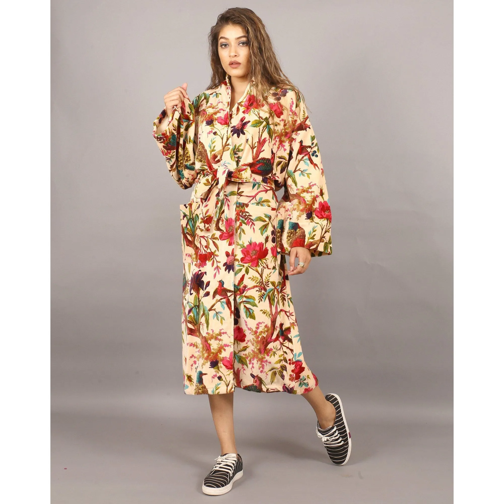 Velvet Kimono/ Jacket-Birds of Paradise-Peach/ Ready to ship