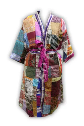 Vintage Silk sari Saree Patchwork Boho Women Fashion Wear Dress Jacket Multicolor Free Size
