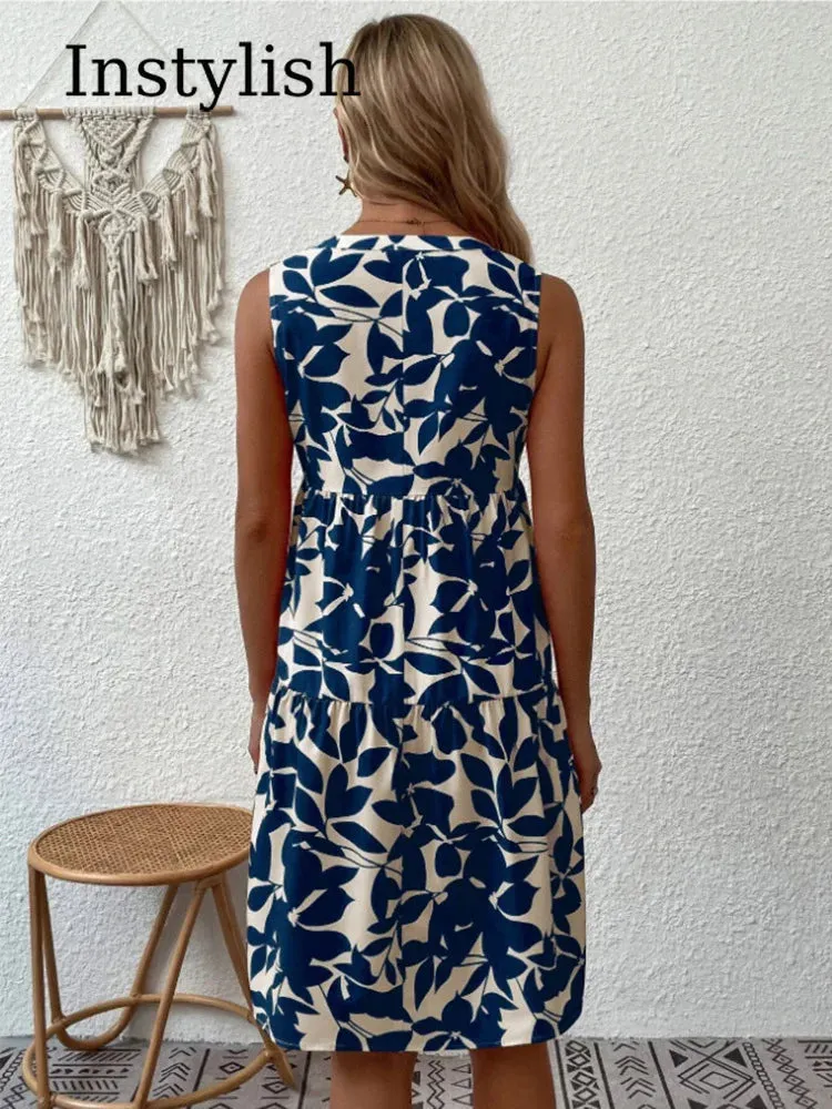 Women Boho Print Mini Elegant Sleeveless Ruffle A Line Tank Casual Beach Midi Dresses
