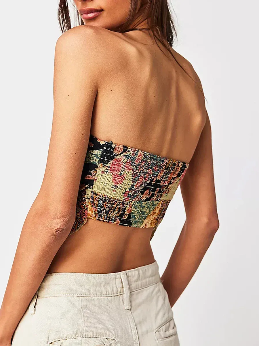 Women's Bandana Tube Tops Vintage Floral Print Strapless Backless Bandeau Tank Y2k Top