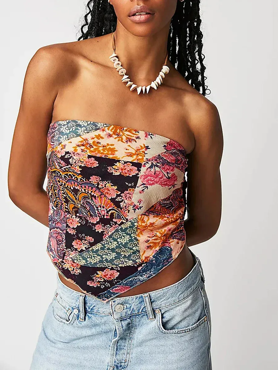 Women's Bandana Tube Tops Vintage Floral Print Strapless Backless Bandeau Tank Y2k Top