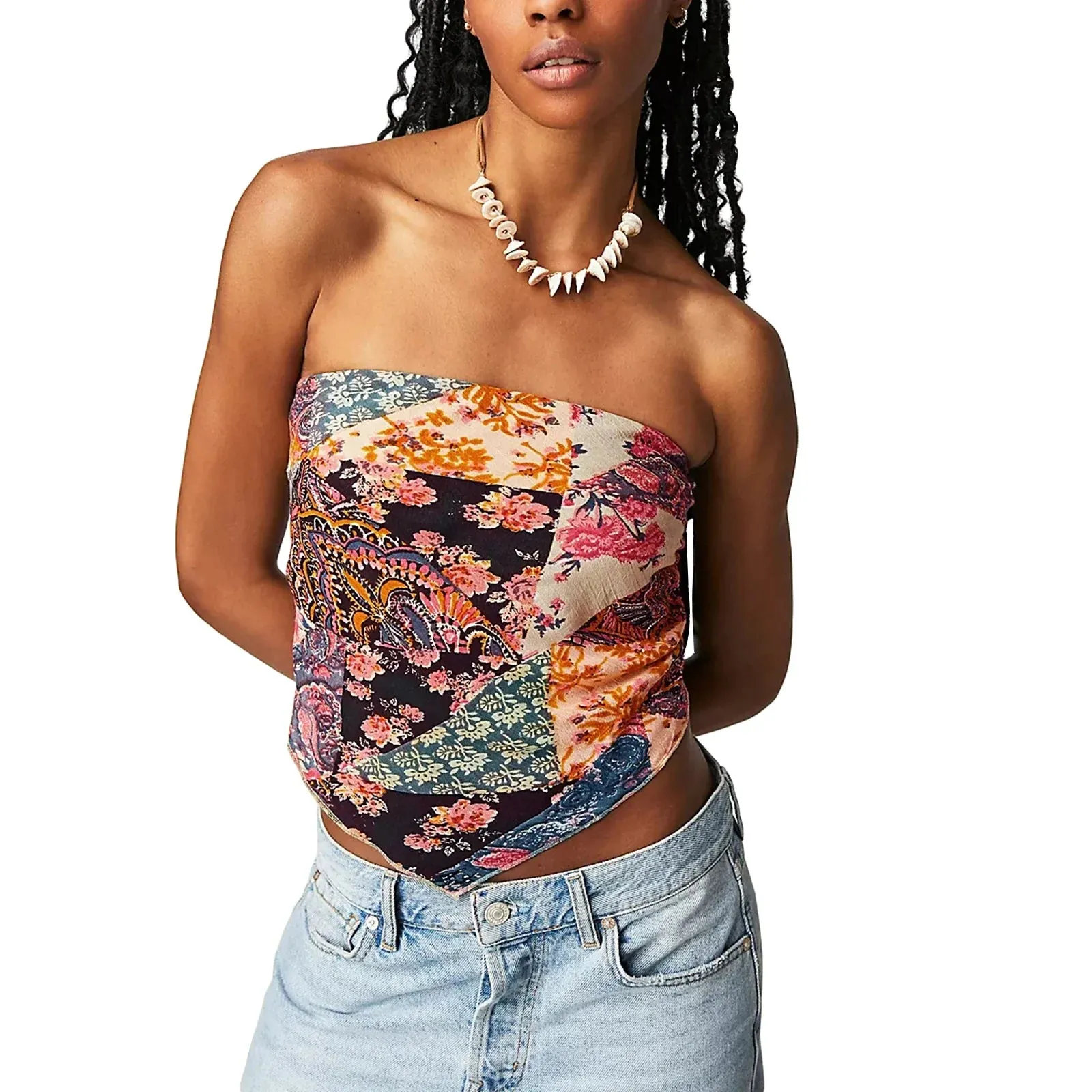 Women's Bandana Tube Tops Vintage Floral Print Strapless Backless Bandeau Tank Y2k Top