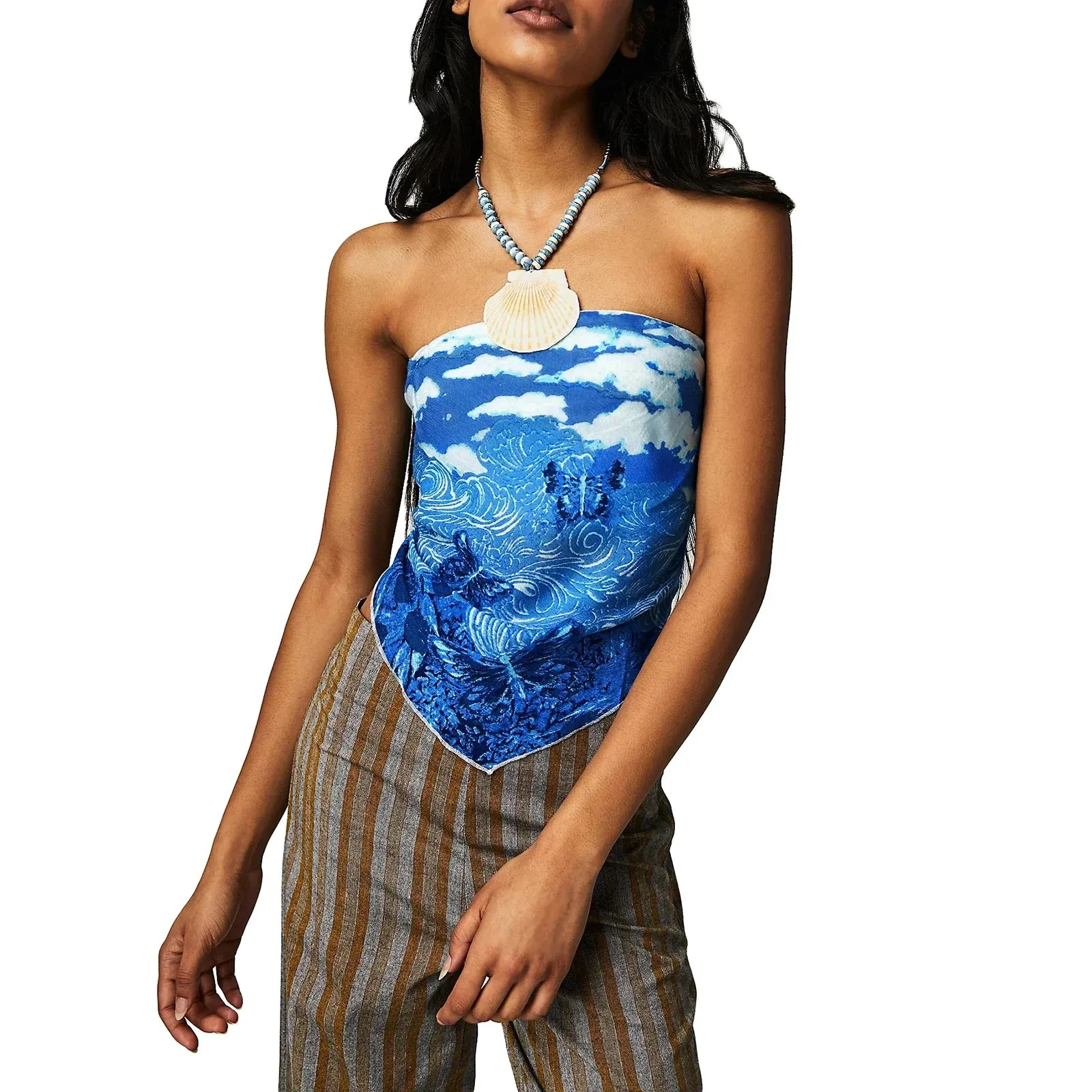 Women's Bandana Tube Tops Vintage Floral Print Strapless Backless Bandeau Tank Y2k Top