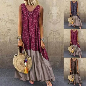 Womens O-Neck Sleeveless Cotton Linen Bohemian Tank Dress