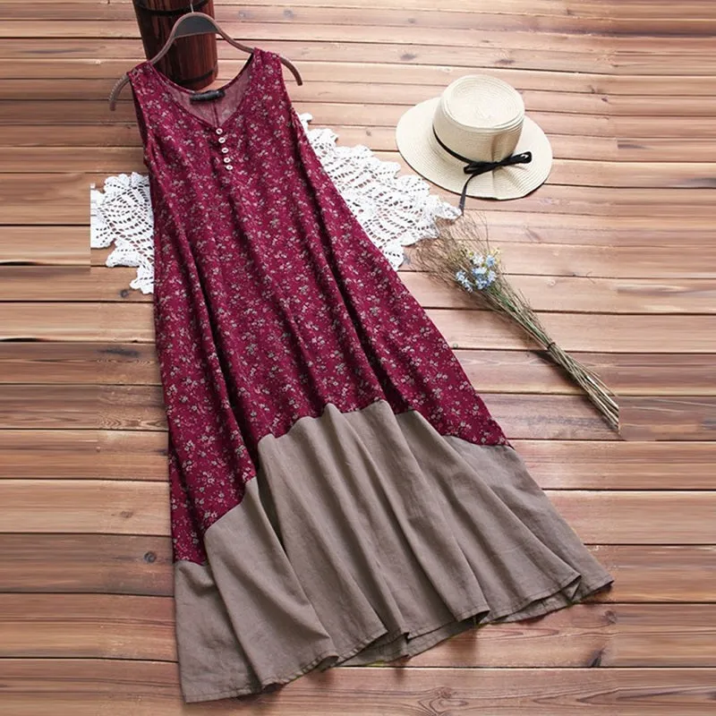 Womens O-Neck Sleeveless Cotton Linen Bohemian Tank Dress