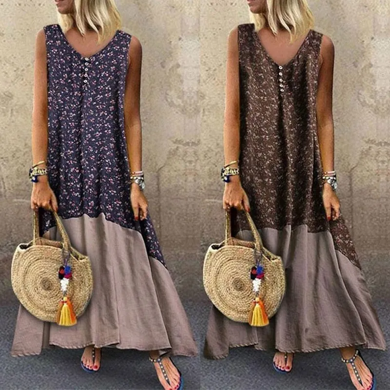 Womens O-Neck Sleeveless Cotton Linen Bohemian Tank Dress