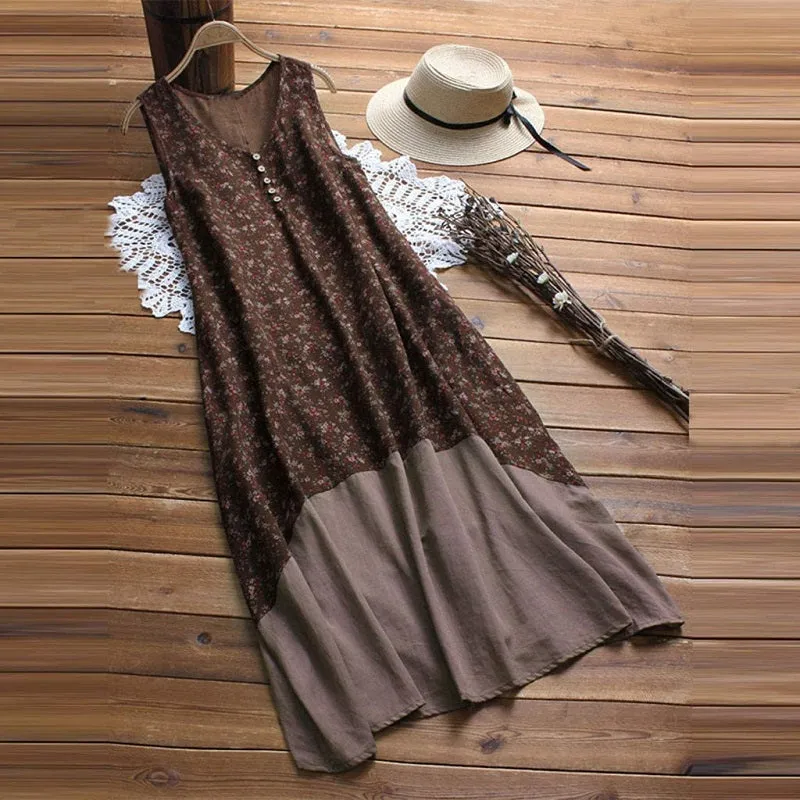 Womens O-Neck Sleeveless Cotton Linen Bohemian Tank Dress