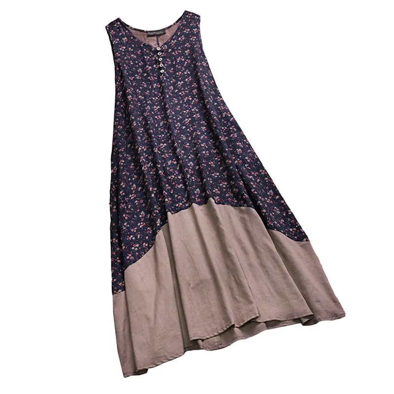 Womens O-Neck Sleeveless Cotton Linen Bohemian Tank Dress