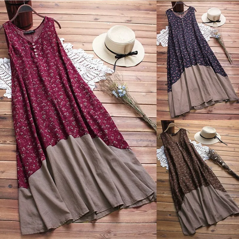 Womens O-Neck Sleeveless Cotton Linen Bohemian Tank Dress