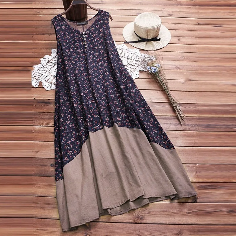Womens O-Neck Sleeveless Cotton Linen Bohemian Tank Dress