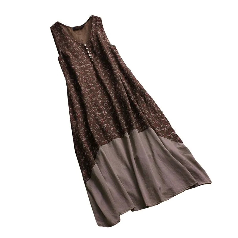 Womens O-Neck Sleeveless Cotton Linen Bohemian Tank Dress