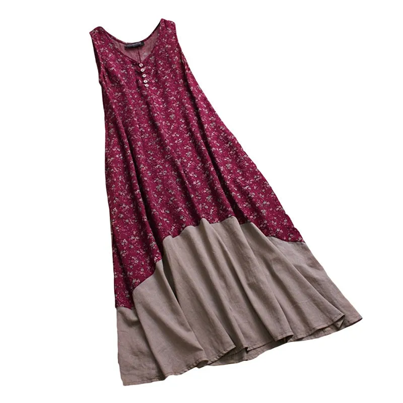 Womens O-Neck Sleeveless Cotton Linen Bohemian Tank Dress
